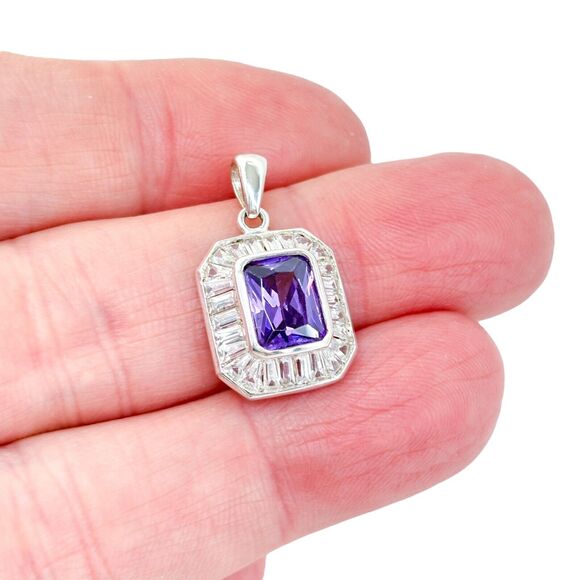Vintage Sterling Silver 925 Amethyst Cubic Zirconia Art Deco Pendant - Picture 1 of 6